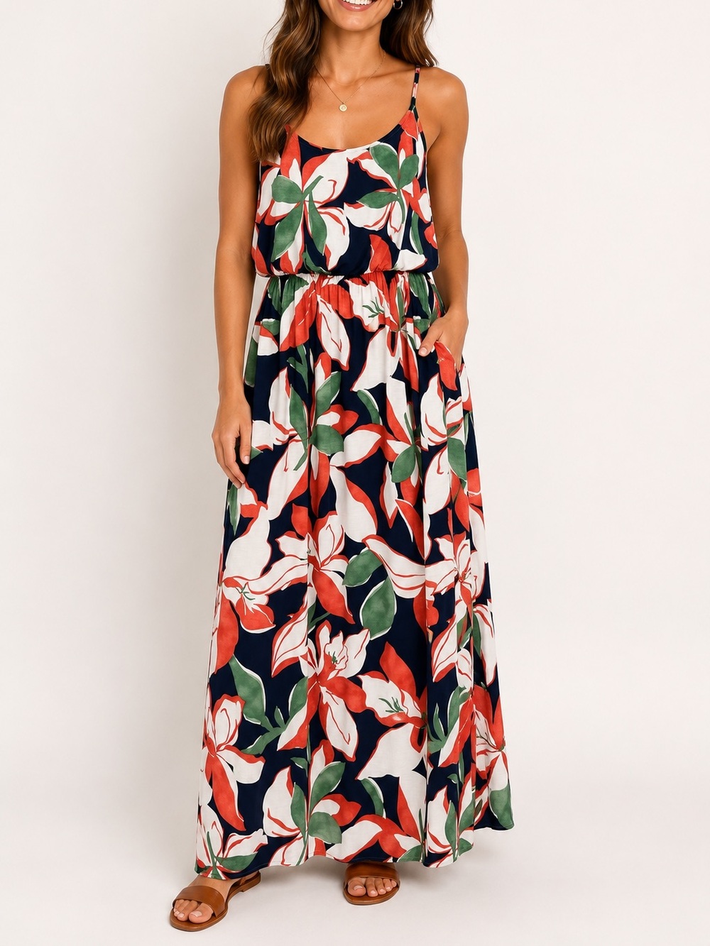 Naif Tropical Floral Maxi Dress Navy Coral Green Sleeveless Large